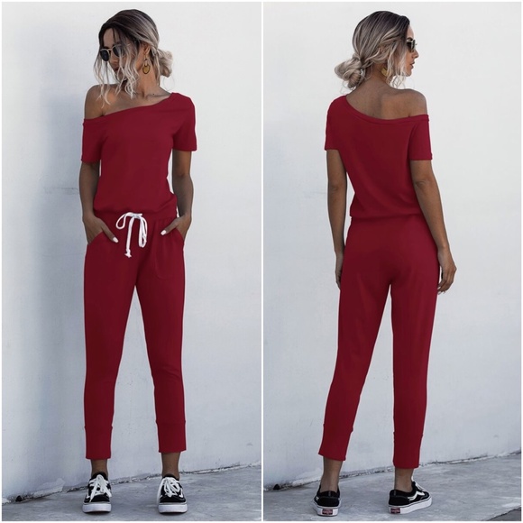Off shoulder boho waist tie pocket jumpsuit - Picture 6 of 6